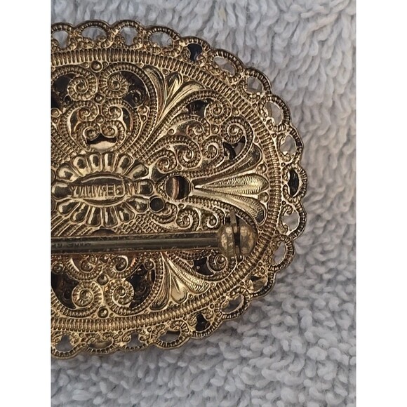 West Germany Hematite Glass Rhinestone and Pearls Gold Filigree Vintage Pendant - Picture 9 of 15